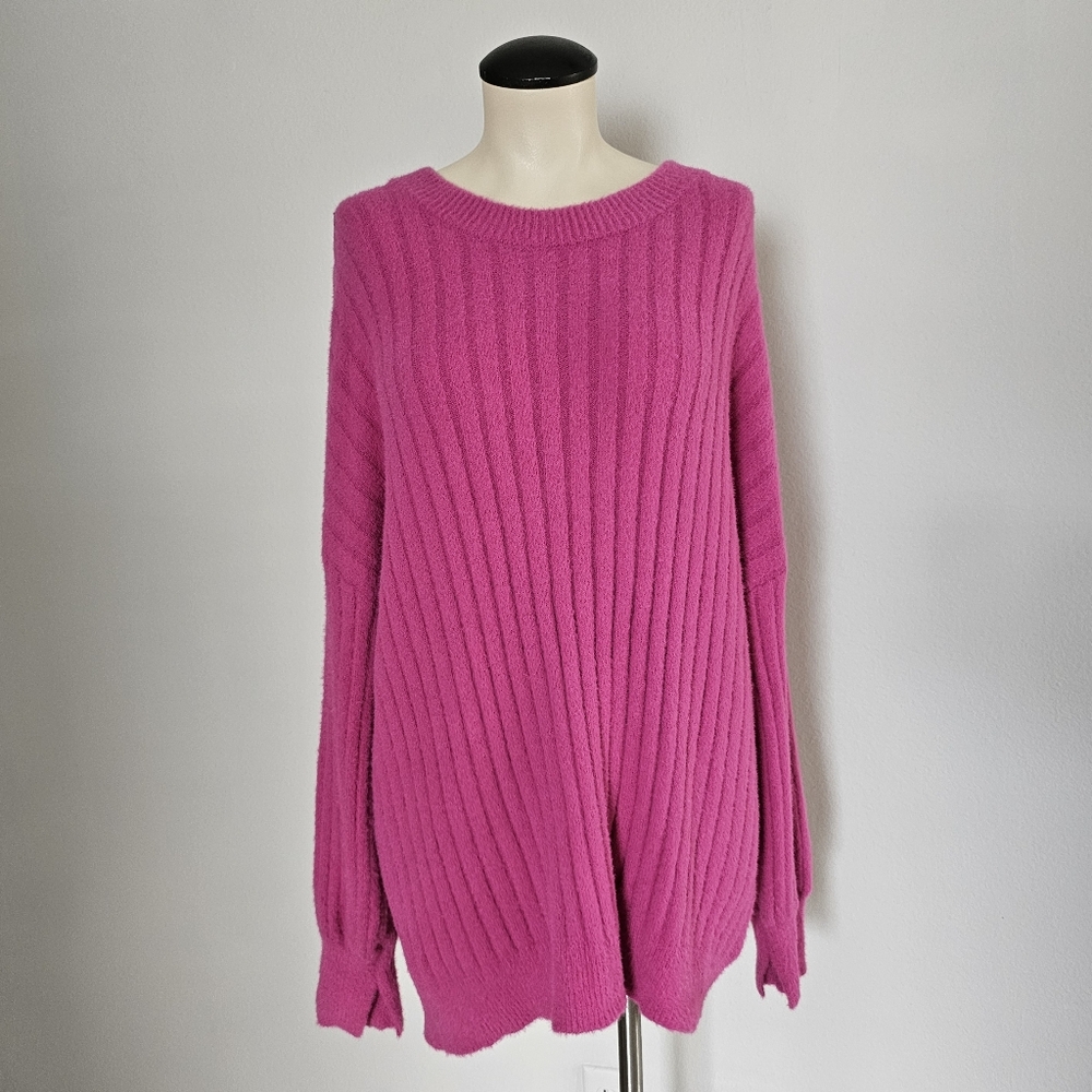 Aerie Pink Cozy Elongated Barbiecore Soft Boat-neck Ribbed Sweater Size S